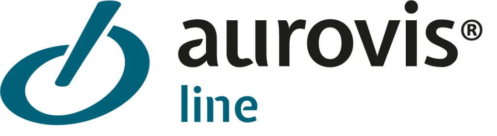Logo von Aurovis Line: schwarze Schrift auf weißem Hintergrund, blaues Icon, links neben der Schrift und "line" in blau unter der Schrift.